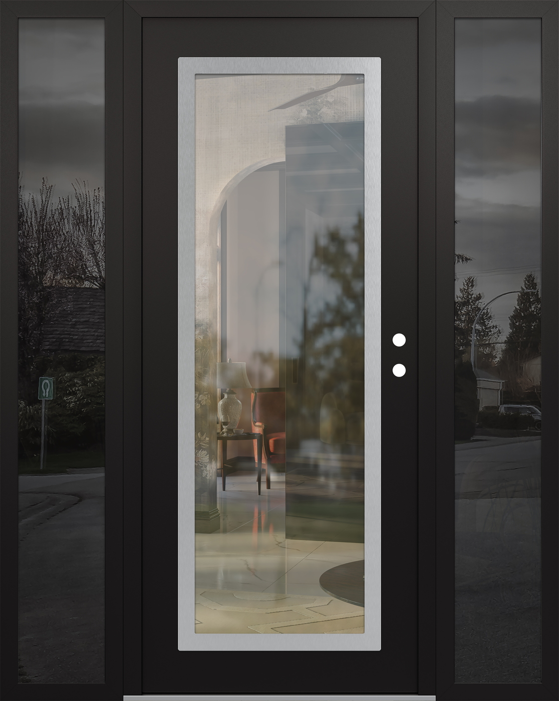 Modern Steel Front Door Diamond C1 64" x 80" black/black clear Glass Panel stainless steel LHI with 2 Sidelites mirrored Glass