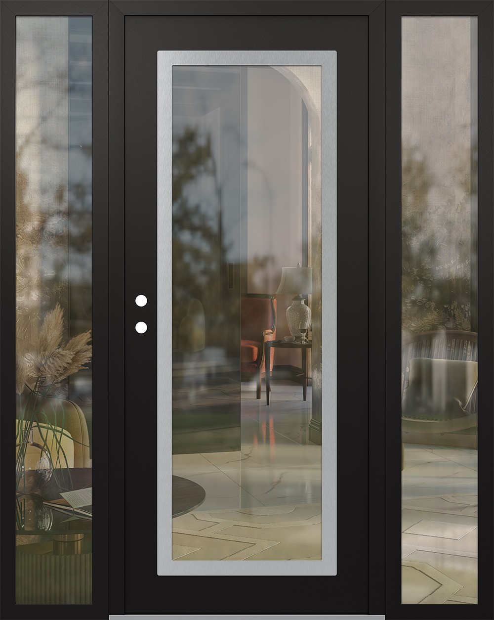 Modern Steel Front Door Diamond C1 64" x 80" black/black clear Glass Panel stainless steel RHI with 2 Sidelites clear Glass