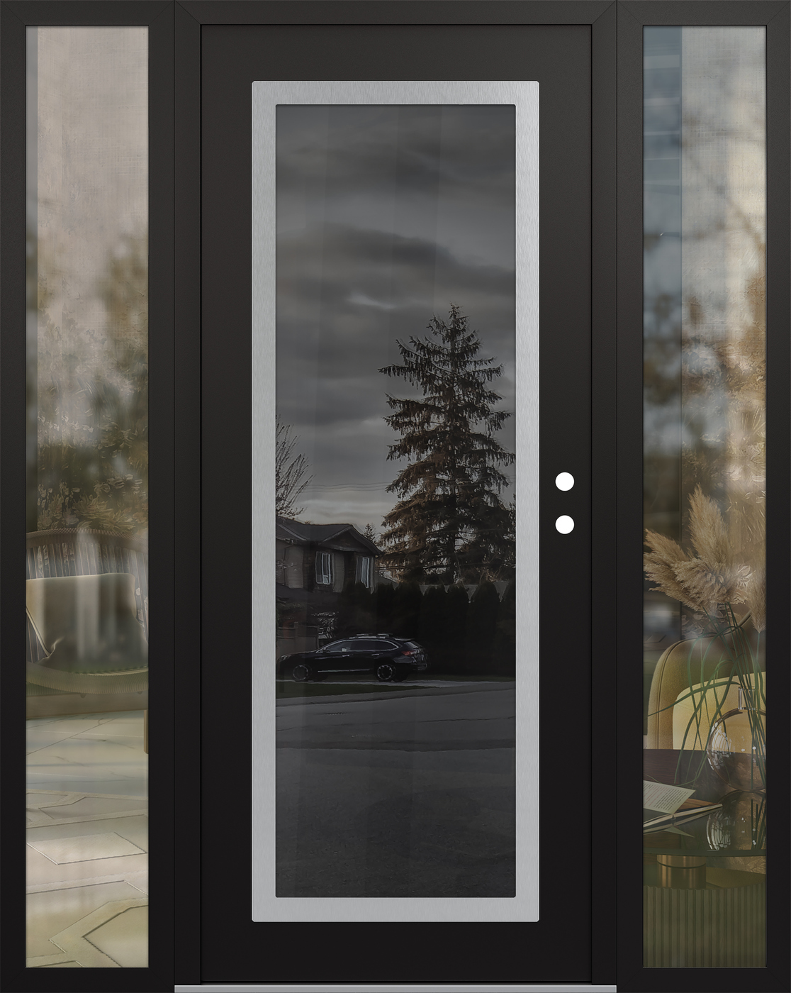 Modern Steel Front Door Diamond C1 64" x 80" black/black mirrored Glass Panel stainless steel LHI with 2 Sidelites clear Glass