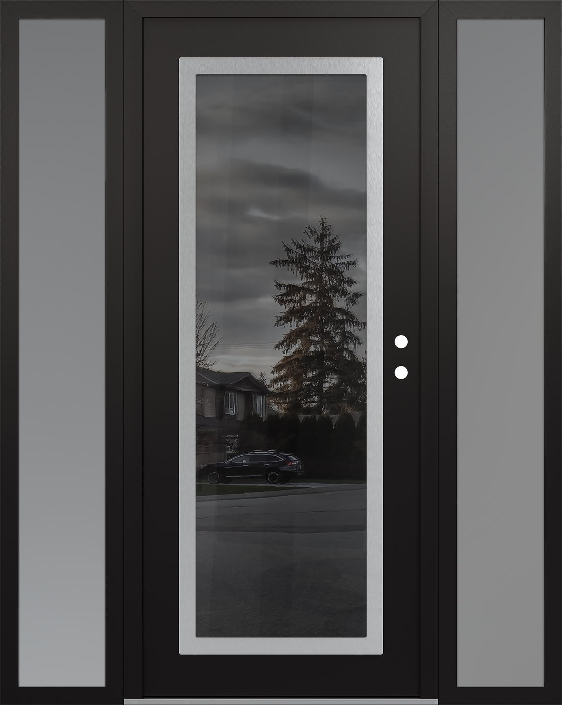 Modern Steel Front Door Diamond C1 64" x 80" black/black mirrored Glass Panel stainless steel LHI with 2 Sidelites frosted Glass