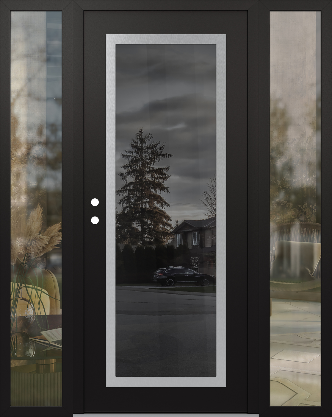 Modern Steel Front Door Diamond C1 64" x 80" black/black mirrored Glass Panel stainless steel RHI with 2 Sidelites clear Glass