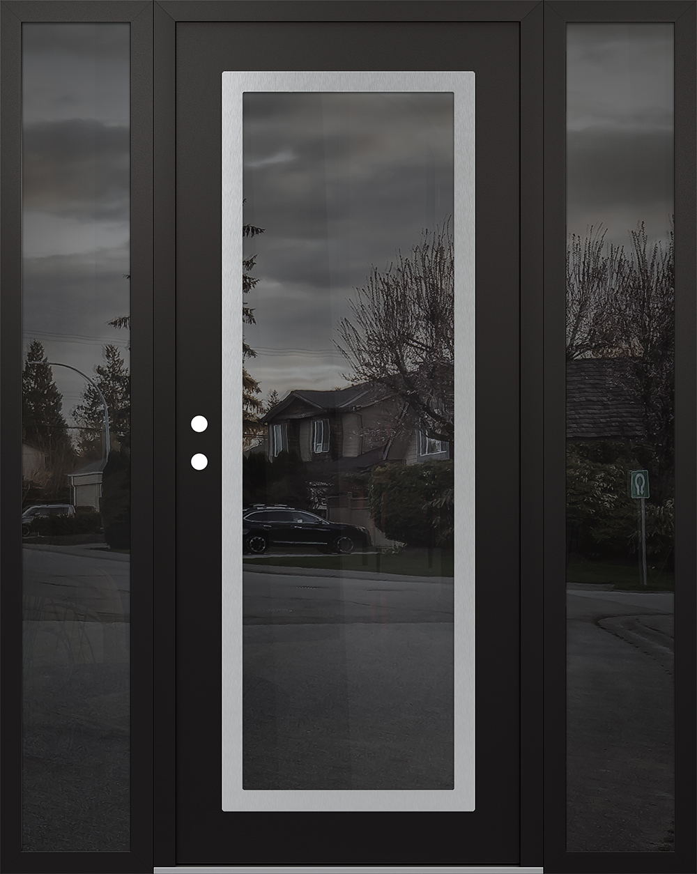 Modern Steel Front Door Diamond C1 64" x 80" black/black mirrored Glass Panel stainless steel RHI with 2 Sidelites mirrored Glass
