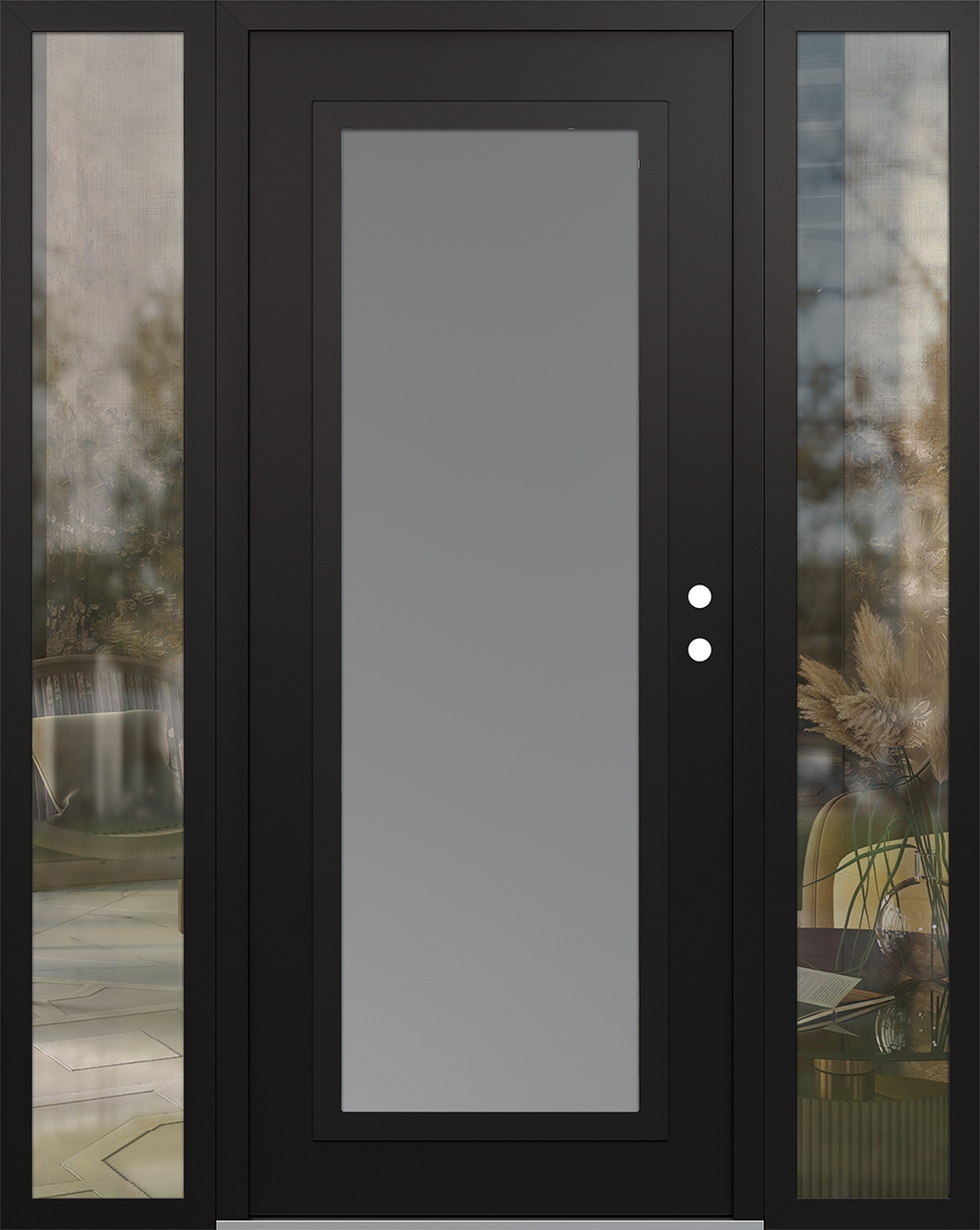 Modern Steel Front Door Diamond C1 64" x 80" black/white frosted Glass Panel black LHI with 2 Sidelites clear Glass