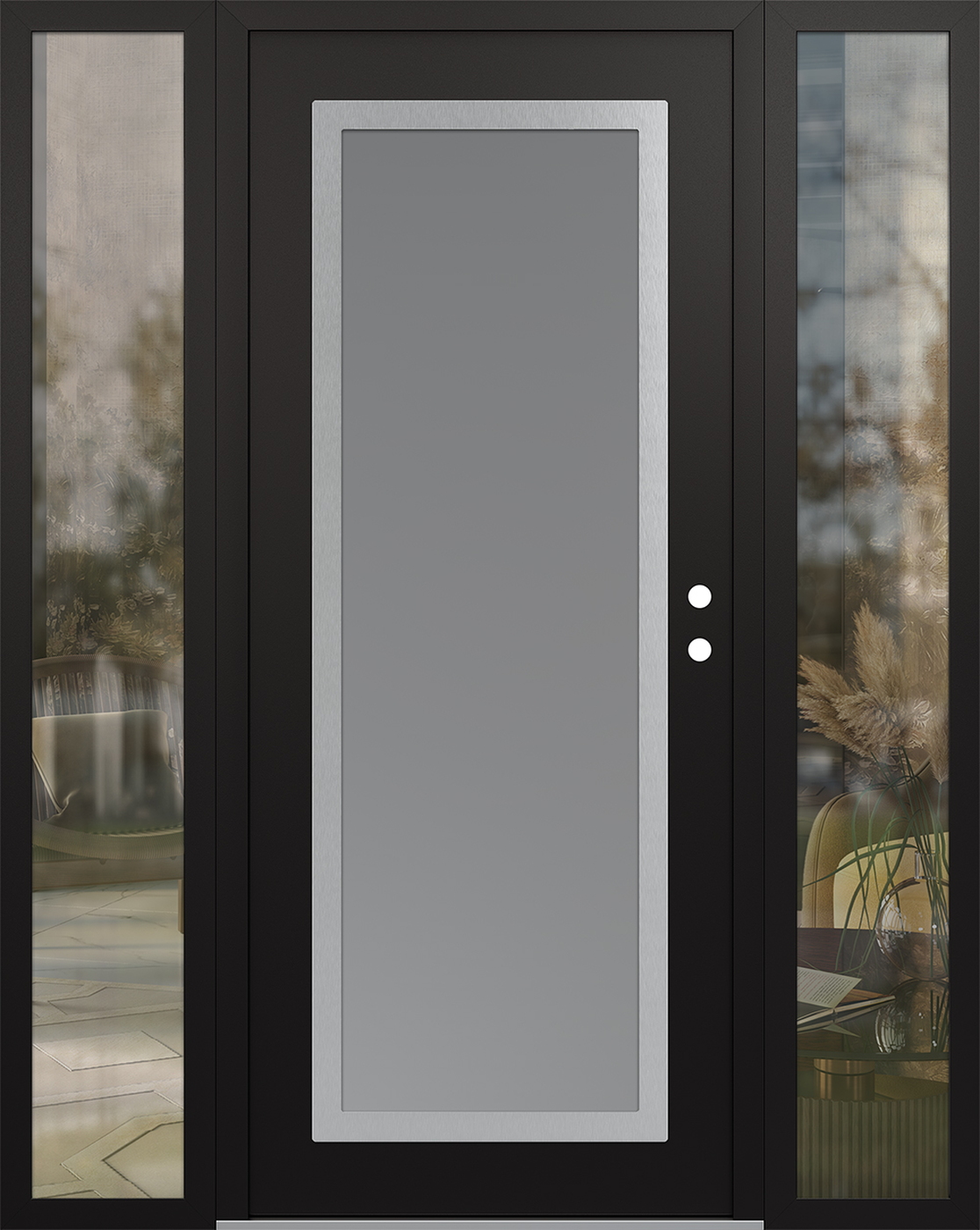 Modern Steel Front Door Diamond C1 64" x 80" black/white frosted Glass Panel stainless steel LHI with 2 Sidelites clear Glass