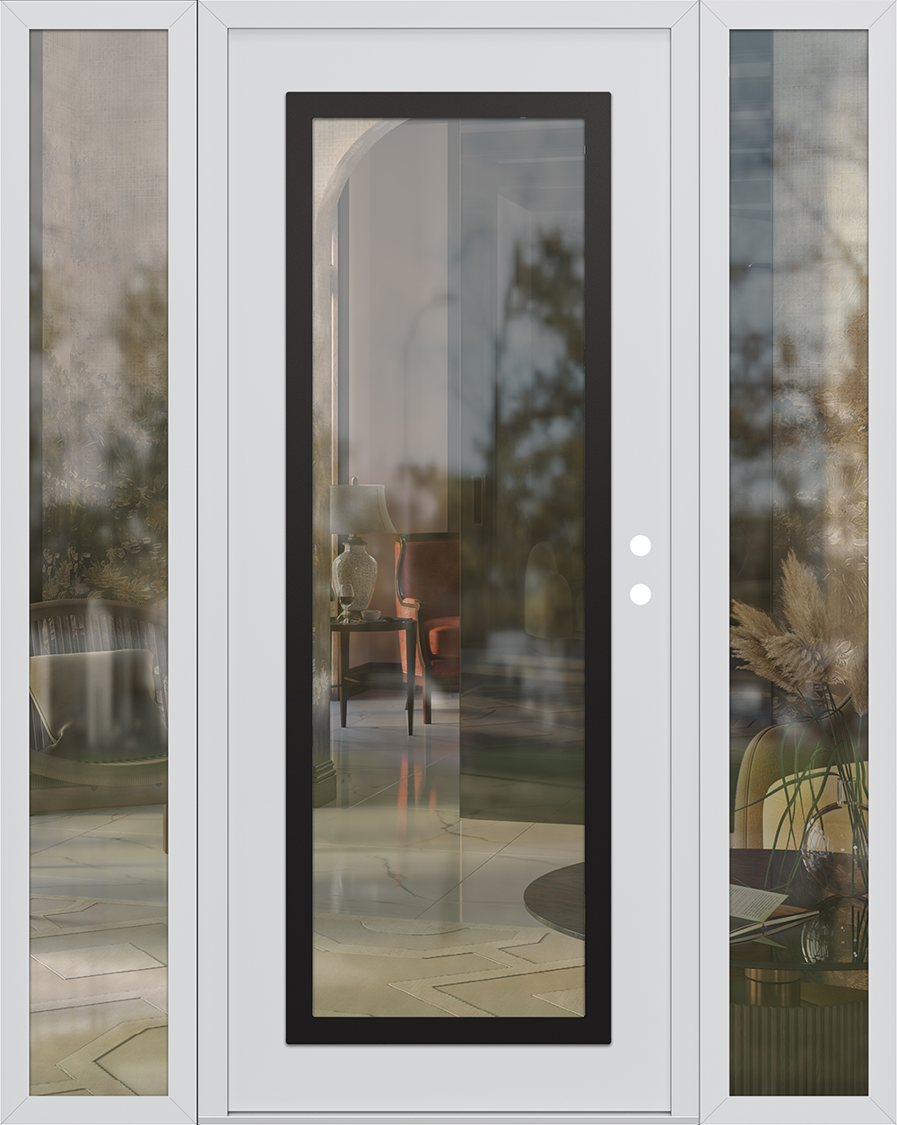 Modern Steel Front Door Diamond C1 64" x 80" white/white clear Glass Panel black LHI with 2 Sidelites clear Glass