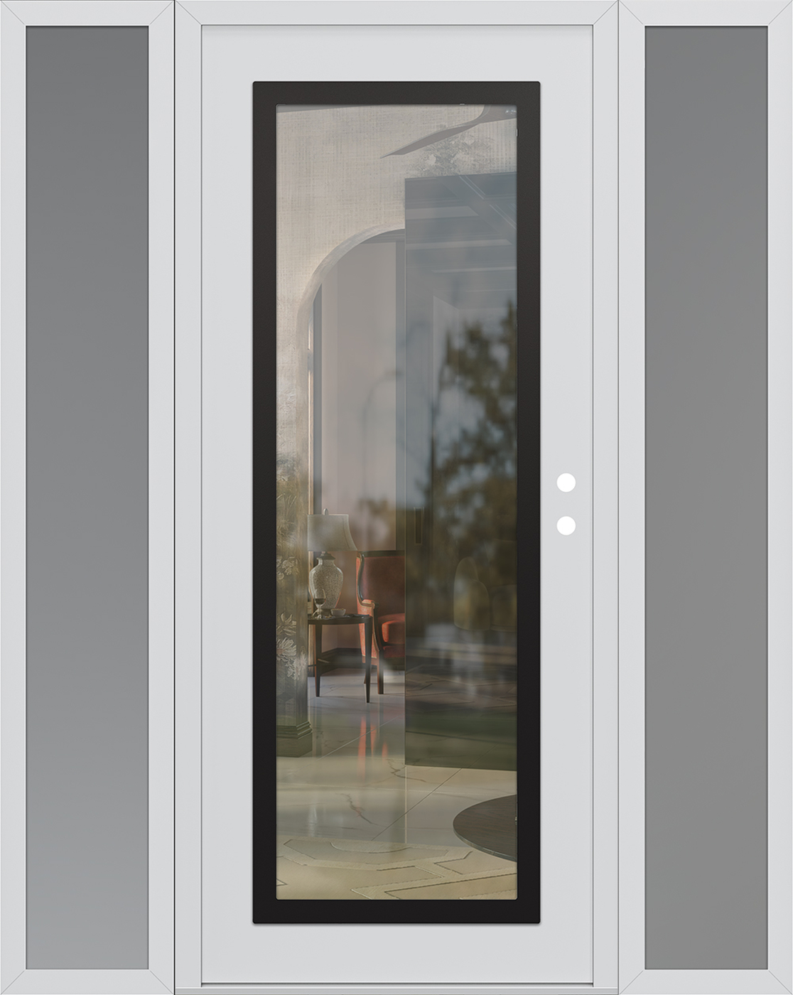 Modern Steel Front Door Diamond C1 64" x 80" white/white clear Glass Panel black LHI with 2 Sidelites frosted Glass