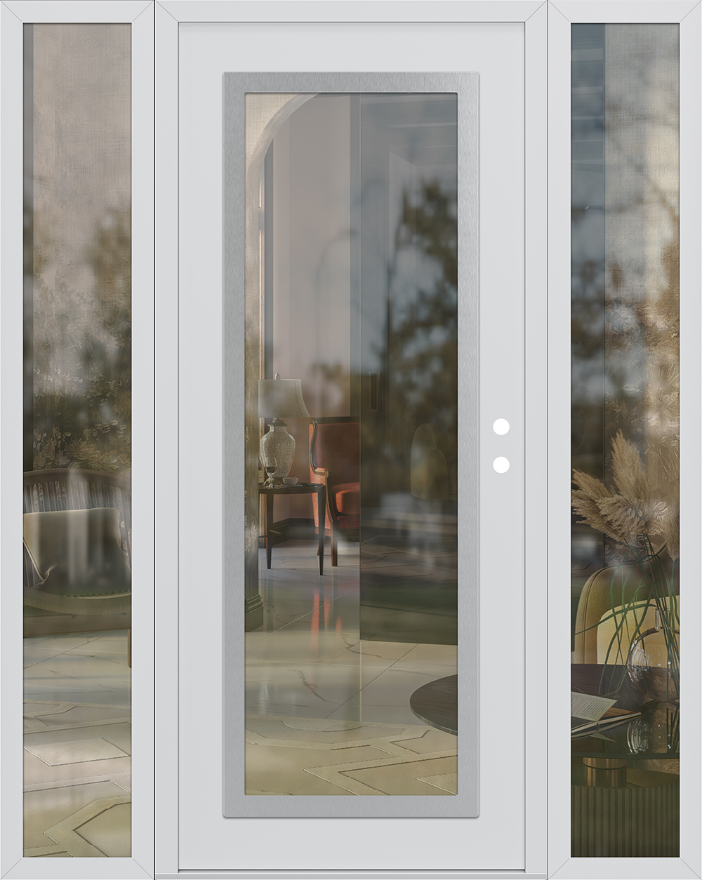 Modern Steel Front Door Diamond C1 64" x 80" white/white clear Glass Panel stainless steel LHI with 2 Sidelites clear Glass