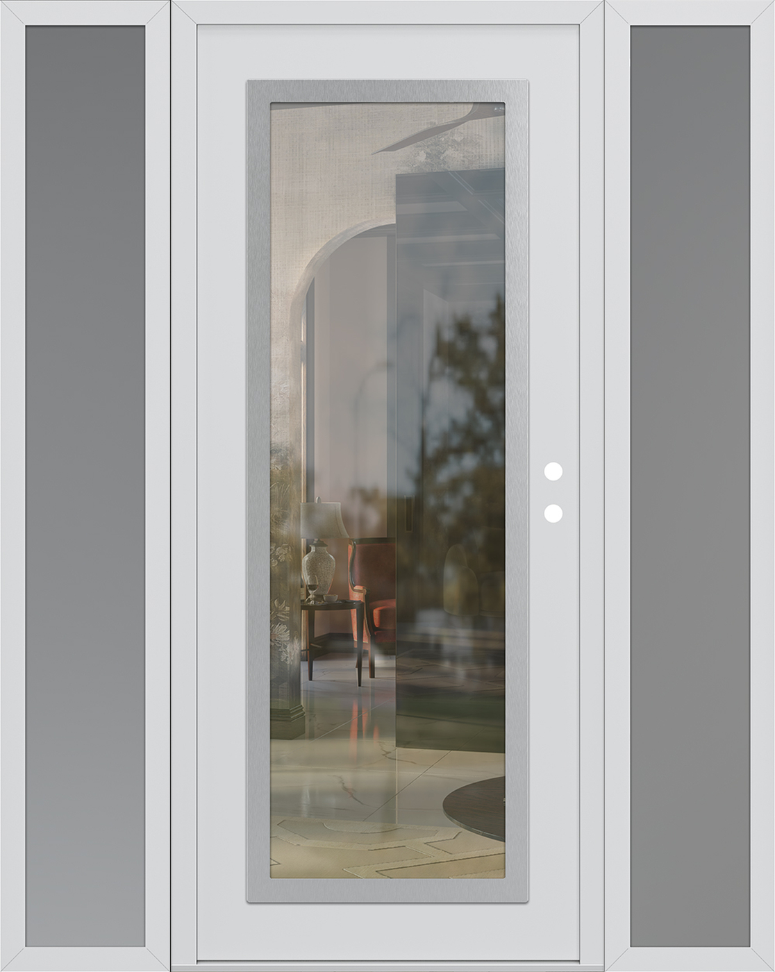 Modern Steel Front Door Diamond C1 64" x 80" white/white clear Glass Panel stainless steel LHI with 2 Sidelites frosted Glass