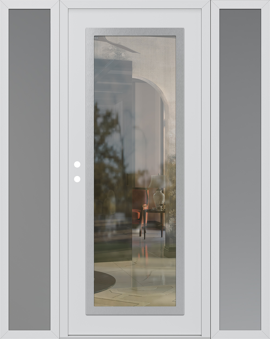 Modern Steel Front Door Diamond C1 64" x 80" white/white clear Glass Panel stainless steel RHI with 2 Sidelites frosted Glass