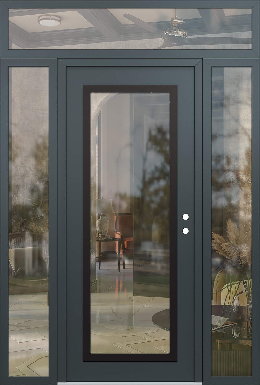 Modern Steel Front Door Diamond C1 64" x 96" anthracite/anthracite clear Glass Panel black LHI with 2 Sidelites and Transom clear Glass