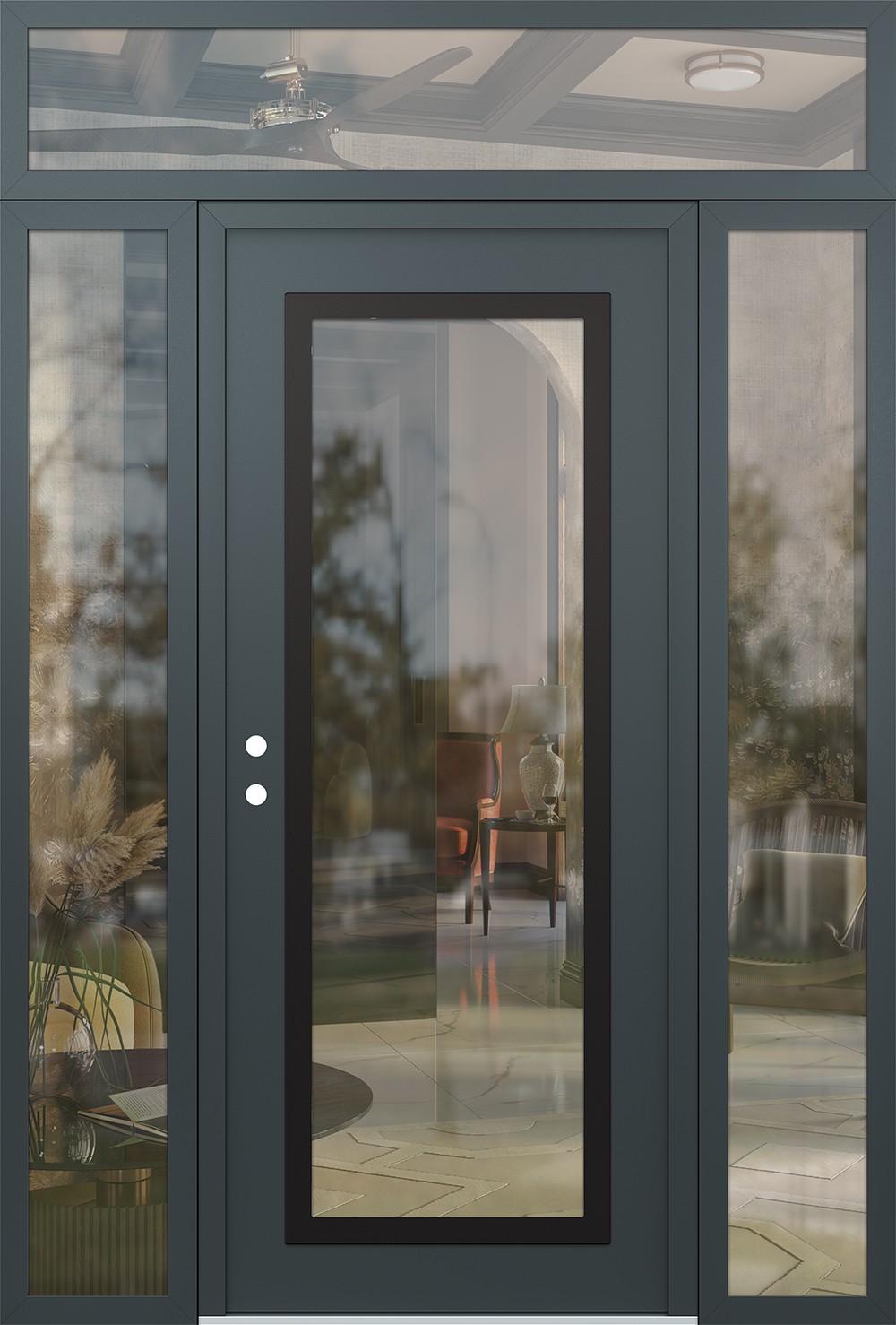 Modern Steel Front Door Diamond C1 64" x 96" anthracite/anthracite clear Glass Panel black RHI with 2 Sidelites and Transom clear Glass