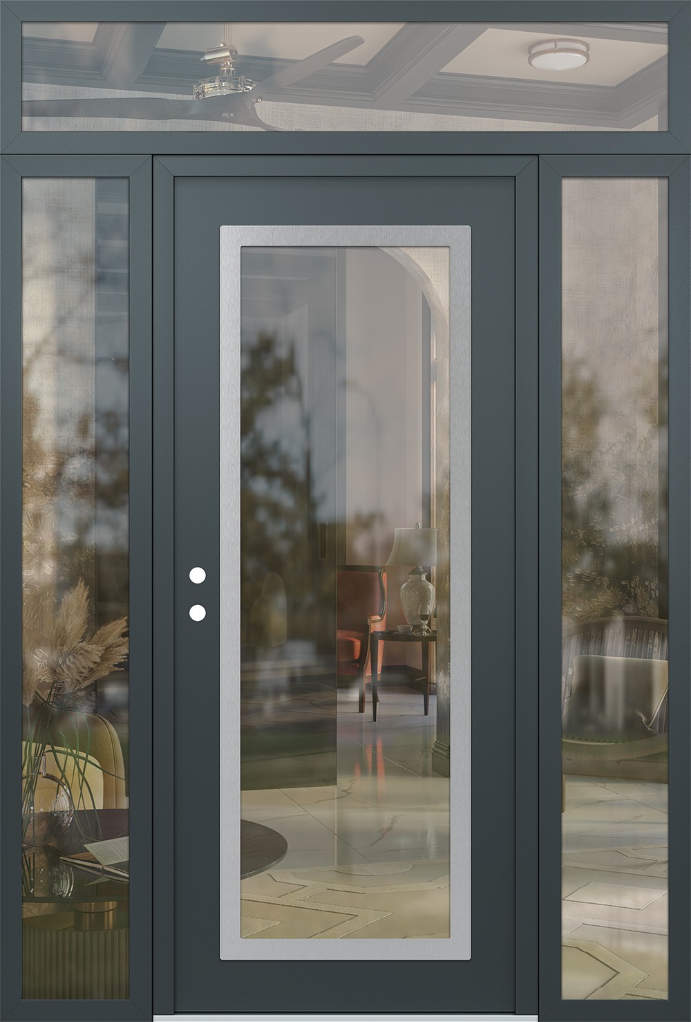 Modern Steel Front Door Diamond C1 64" x 96" anthracite/anthracite clear Glass Panel stainless steel RHI with 2 Sidelites and Transom clear Glass