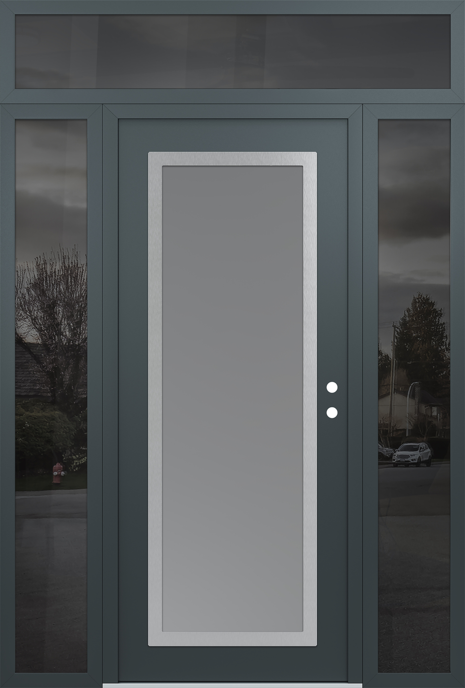 Modern Steel Front Door Diamond C1 64" x 96" anthracite/anthracite frosted Glass Panel stainless steel LHI with 2 Sidelites and Transom mirrored Glass