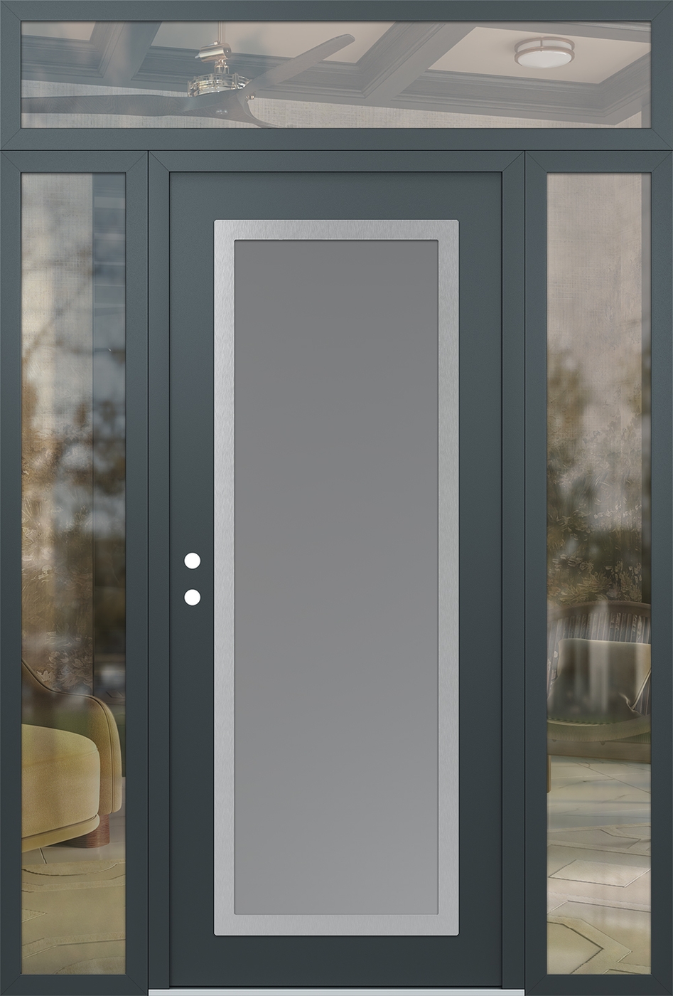 Modern Steel Front Door Diamond C1 64" x 96" anthracite/anthracite frosted Glass Panel stainless steel RHI with 2 Sidelites and Transom clear Glass