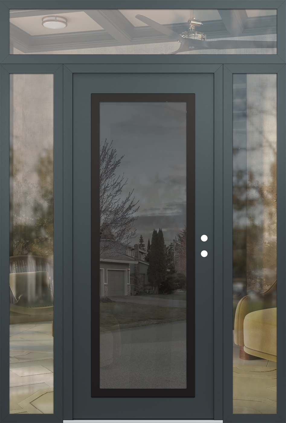 Modern Steel Front Door Diamond C1 64" x 96" anthracite/anthracite mirrored Glass Panel black LHI with 2 Sidelites and Transom clear Glass