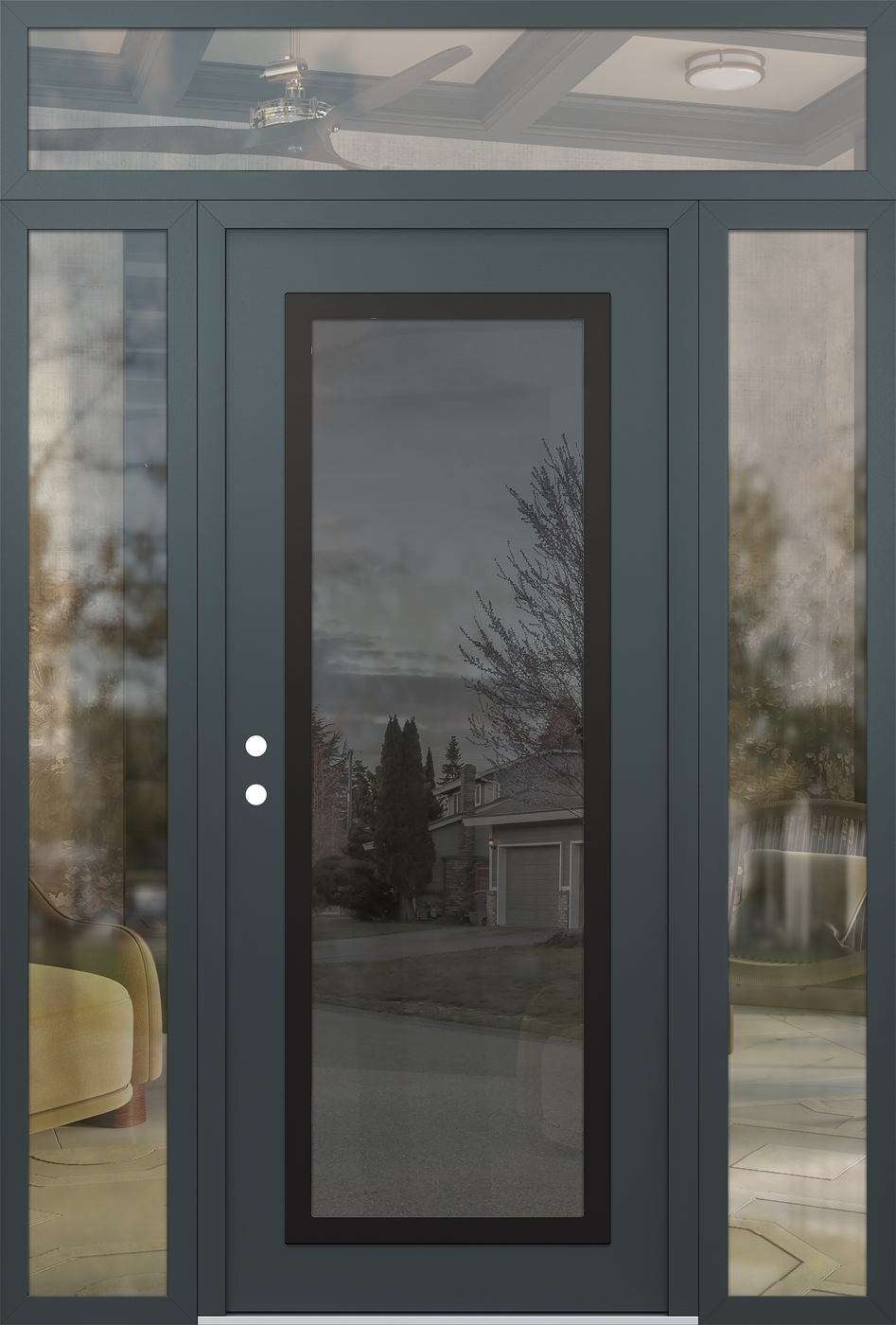 Modern Steel Front Door Diamond C1 64" x 96" anthracite/anthracite mirrored Glass Panel black RHI with 2 Sidelites and Transom clear Glass