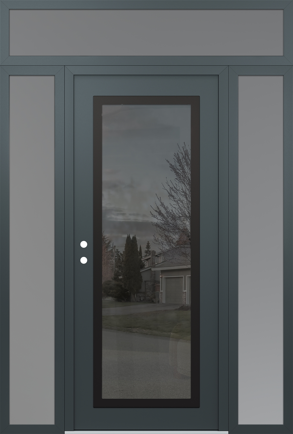 Modern Steel Front Door Diamond C1 64" x 96" anthracite/anthracite mirrored Glass Panel black RHI with 2 Sidelites and Transom frosted Glass