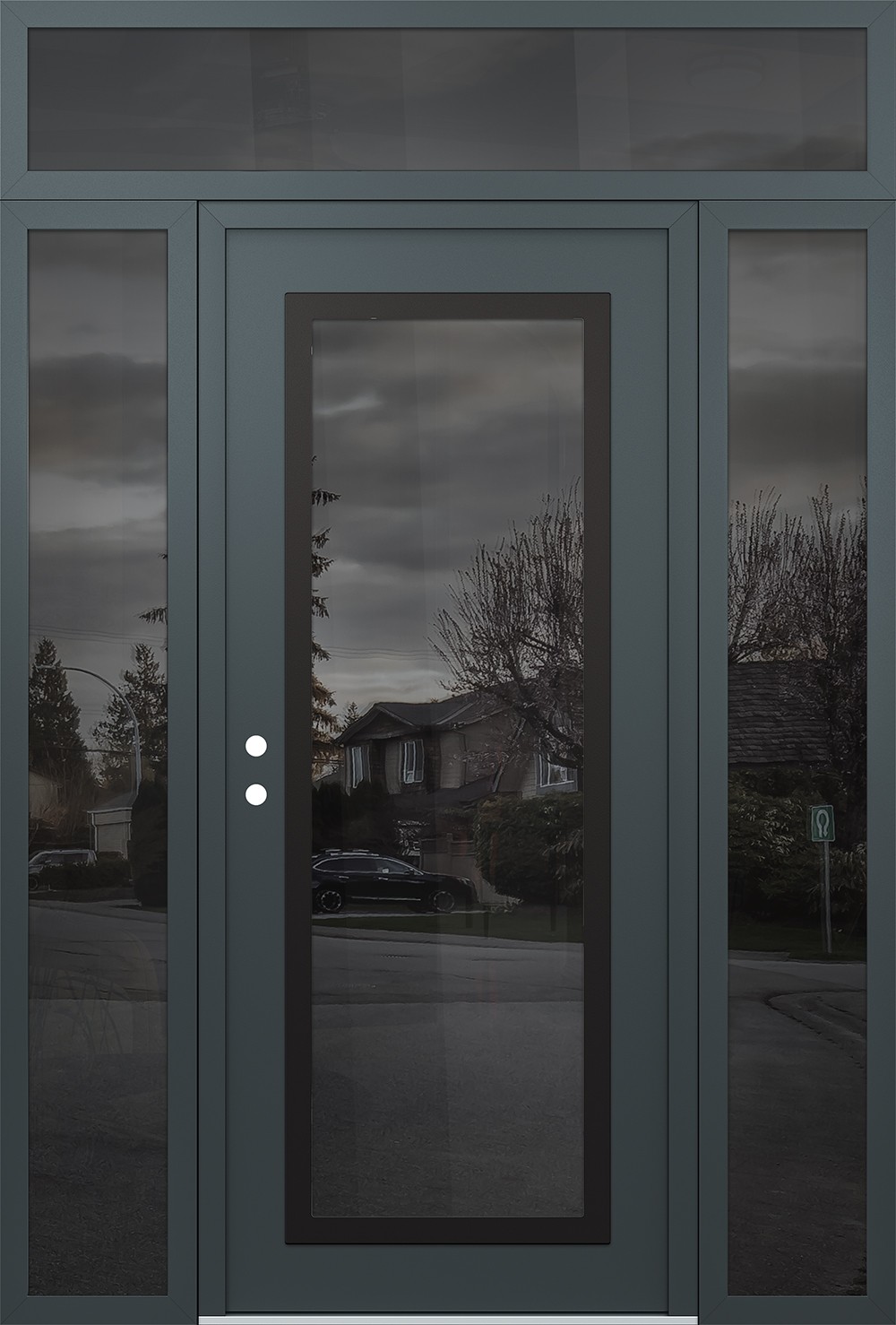 Modern Steel Front Door Diamond C1 64" x 96" anthracite/anthracite mirrored Glass Panel black RHI with 2 Sidelites and Transom mirrored Glass