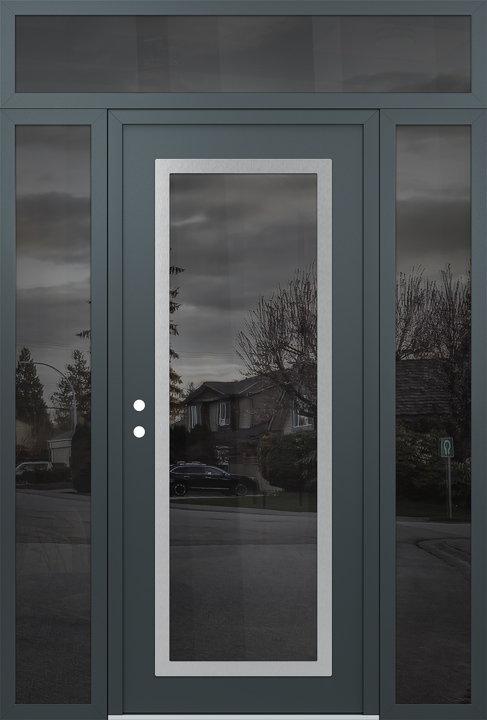 Modern Steel Front Door Diamond C1 64" x 96" anthracite/anthracite mirrored Glass Panel stainless steel RHI with 2 Sidelites and Transom mirrored Glass