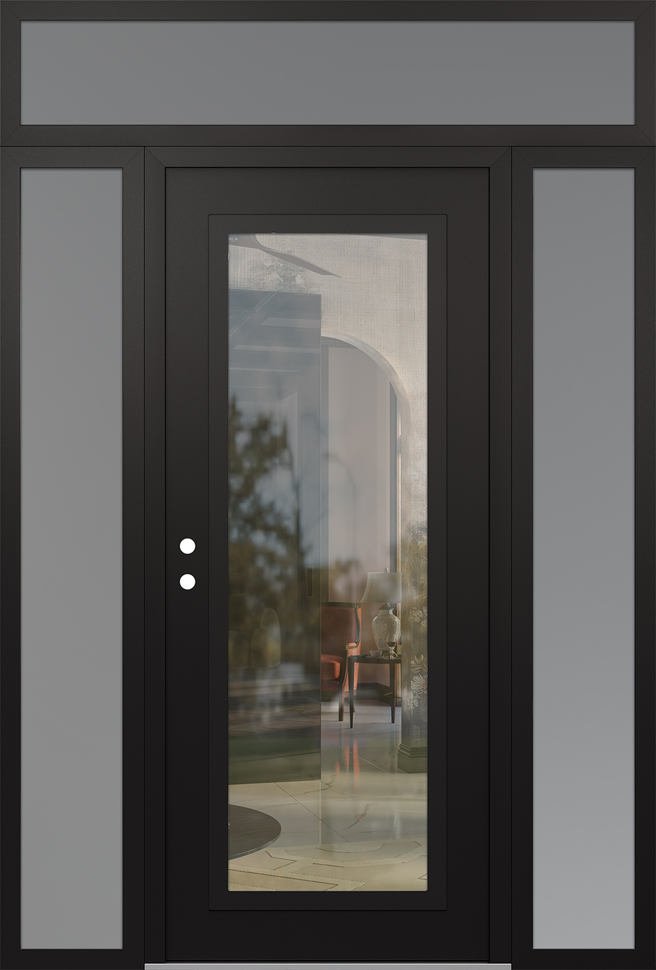 Modern Steel Front Door Diamond C1 64" x 96" black/black clear Glass Panel black RHI with 2 Sidelites and Transom frosted Glass