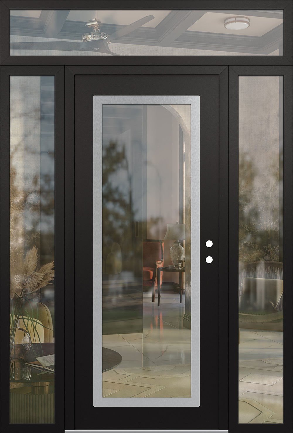 Modern Steel Front Door Diamond C1 64" x 96" black/black clear Glass Panel stainless steel LHI with 2 Sidelites and Transom clear Glass