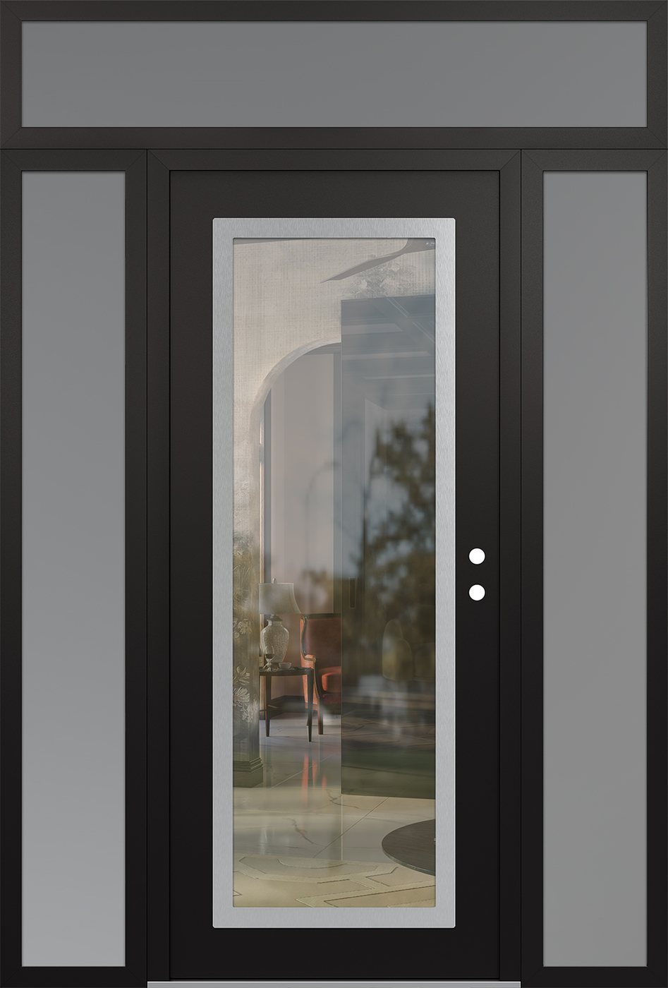 Modern Steel Front Door Diamond C1 64" x 96" black/black clear Glass Panel stainless steel LHI with 2 Sidelites and Transom frosted Glass