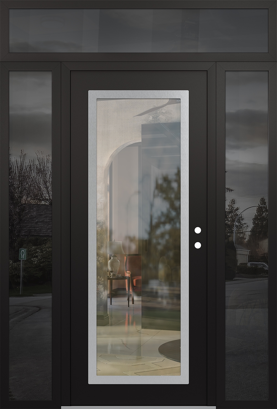 Modern Steel Front Door Diamond C1 64" x 96" black/black clear Glass Panel stainless steel LHI with 2 Sidelites and Transom mirrored Glass