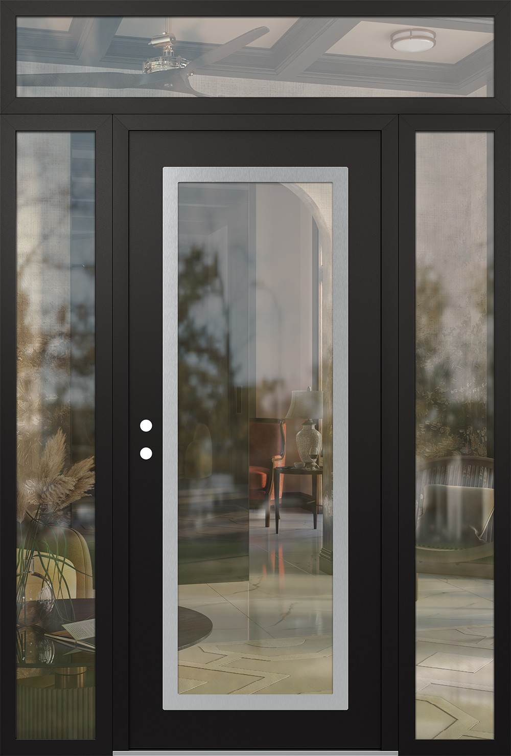 Modern Steel Front Door Diamond C1 64" x 96" black/black clear Glass Panel stainless steel RHI with 2 Sidelites and Transom clear Glass