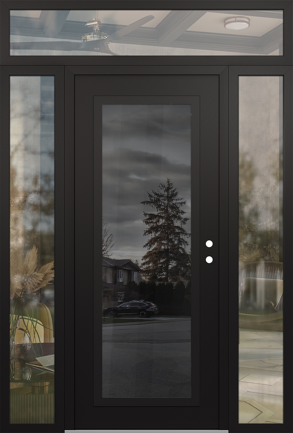 Modern Steel Front Door Diamond C1 64" x 96" black/black mirrored Glass Panel black LHI with 2 Sidelites and Transom clear Glass