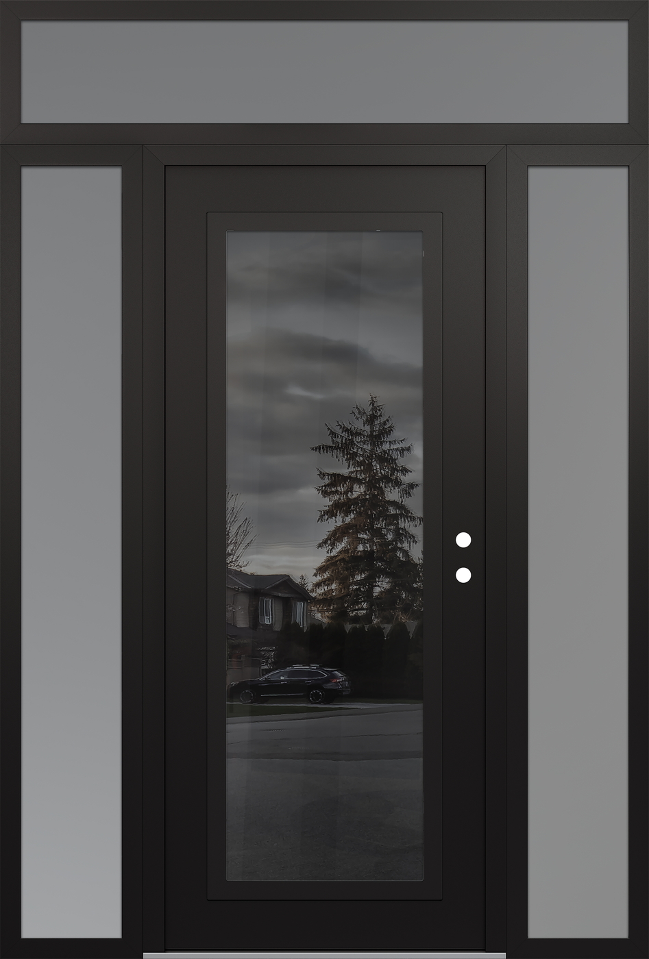 Modern Steel Front Door Diamond C1 64" x 96" black/black mirrored Glass Panel black LHI with 2 Sidelites and Transom frosted Glass