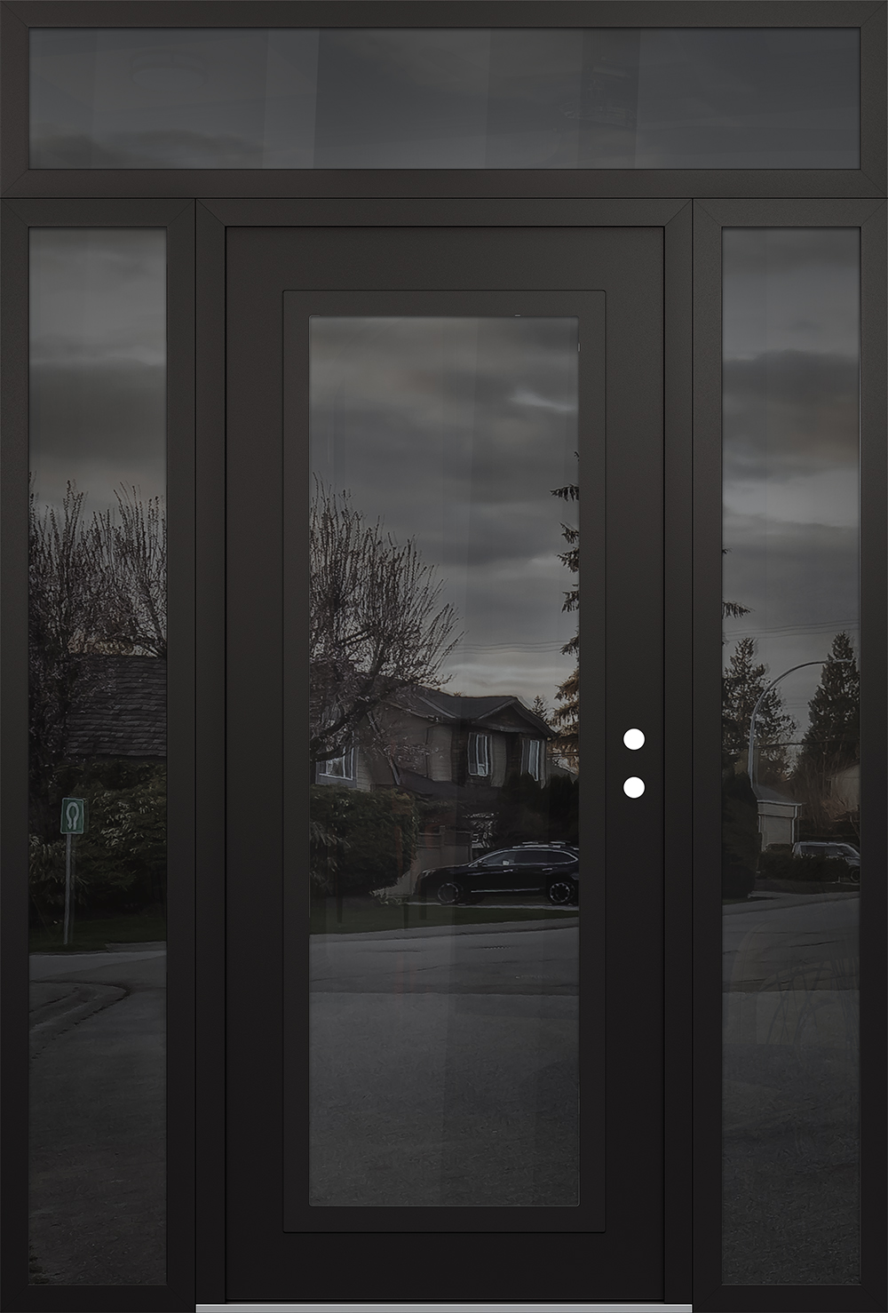 Modern Steel Front Door Diamond C1 64" x 96" black/black mirrored Glass Panel black LHI with 2 Sidelites and Transom mirrored Glass