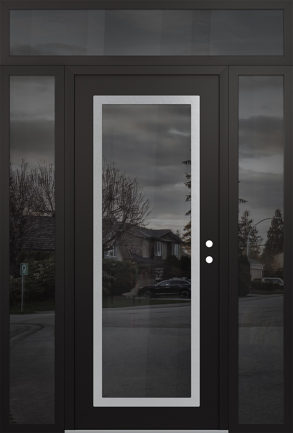 Modern Steel Front Door Diamond C1 64" x 96" black/black mirrored Glass Panel stainless steel LHI with 2 Sidelites and Transom mirrored Glass
