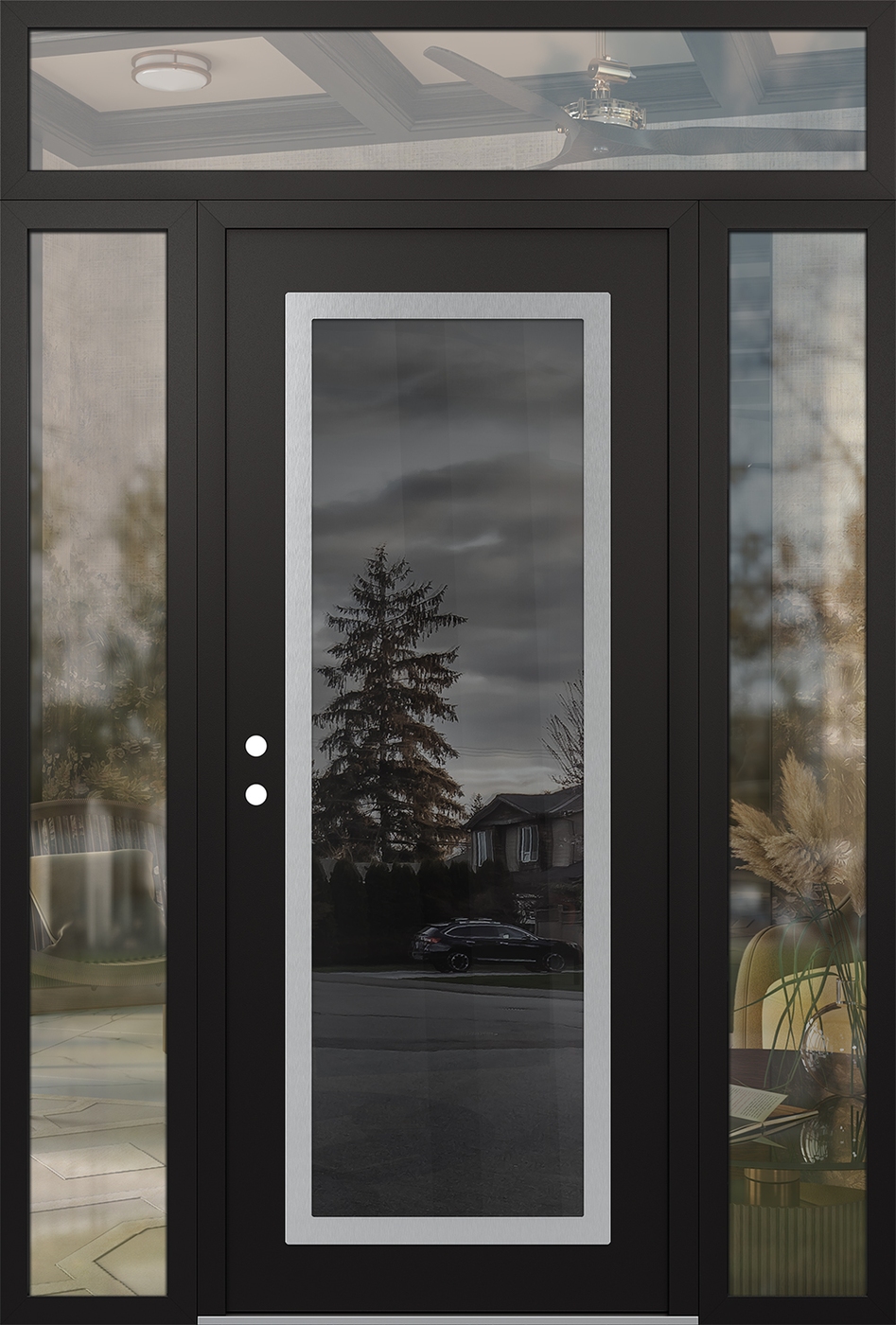Modern Steel Front Door Diamond C1 64" x 96" black/black mirrored Glass Panel stainless steel RHI with 2 Sidelites and Transom clear Glass