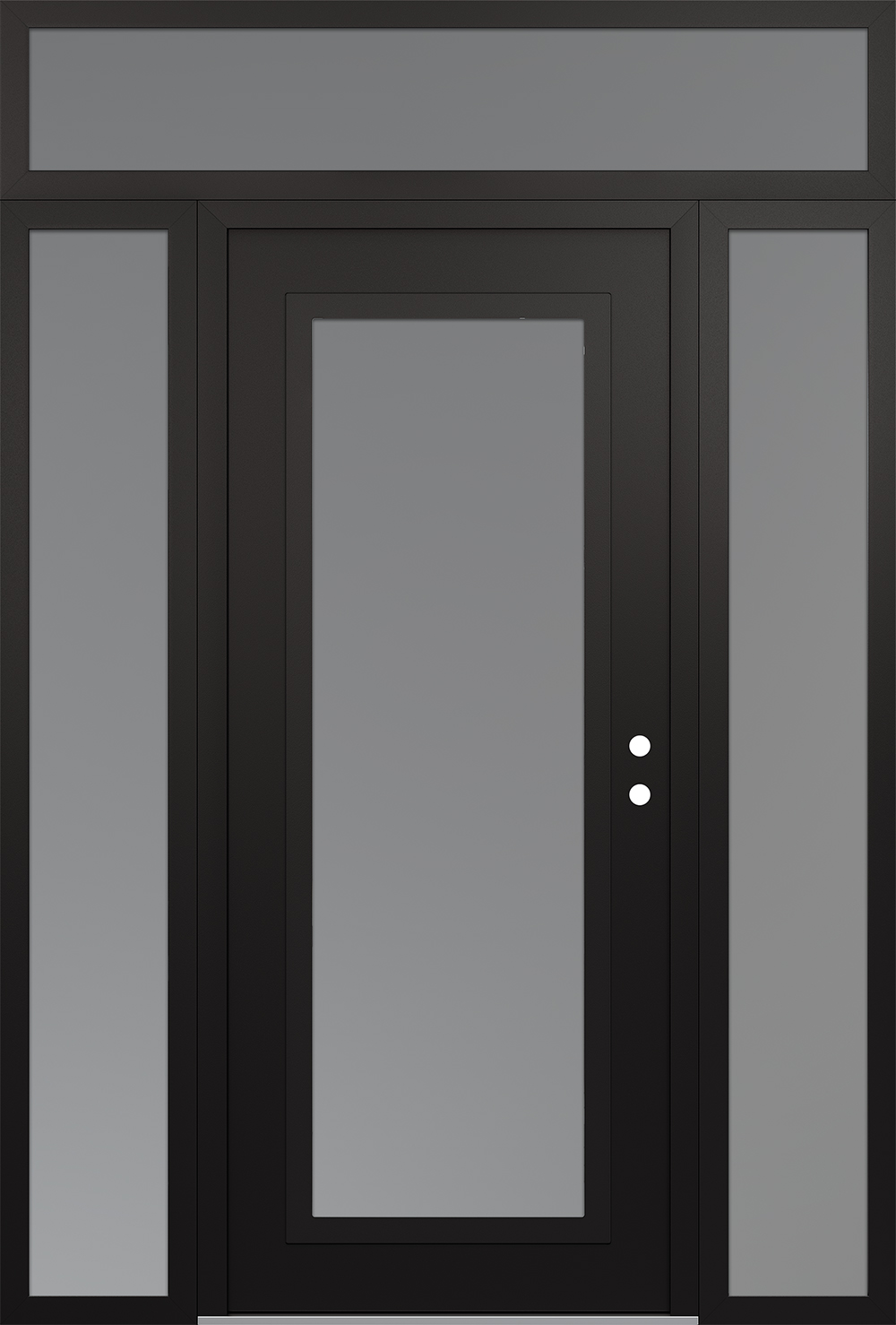 Modern Steel Front Door Diamond C1 64" x 96" black/white frosted Glass Panel black LHI with 2 Sidelites and Transom frosted Glass