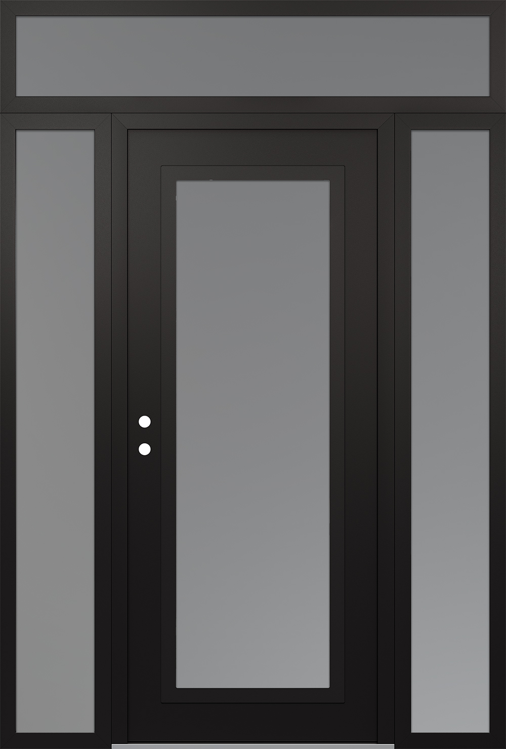 Modern Steel Front Door Diamond C1 64" x 96" black/white frosted Glass Panel black RHI with 2 Sidelites and Transom frosted Glass