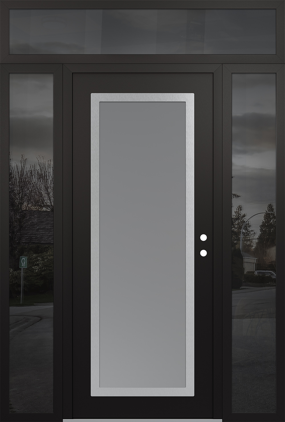 Modern Steel Front Door Diamond C1 64" x 96" black/white frosted Glass Panel stainless steel LHI with 2 Sidelites and Transom mirrored Glass