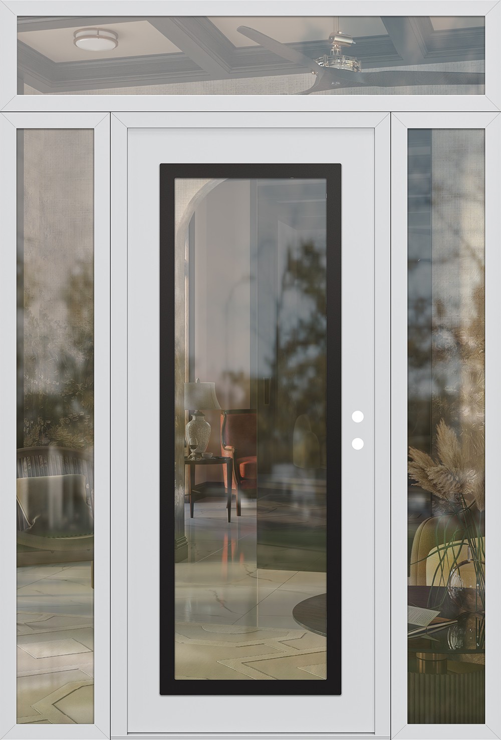 Modern Steel Front Door Diamond C1 64" x 96" white/white clear Glass Panel black LHI with 2 Sidelites and Transom clear Glass