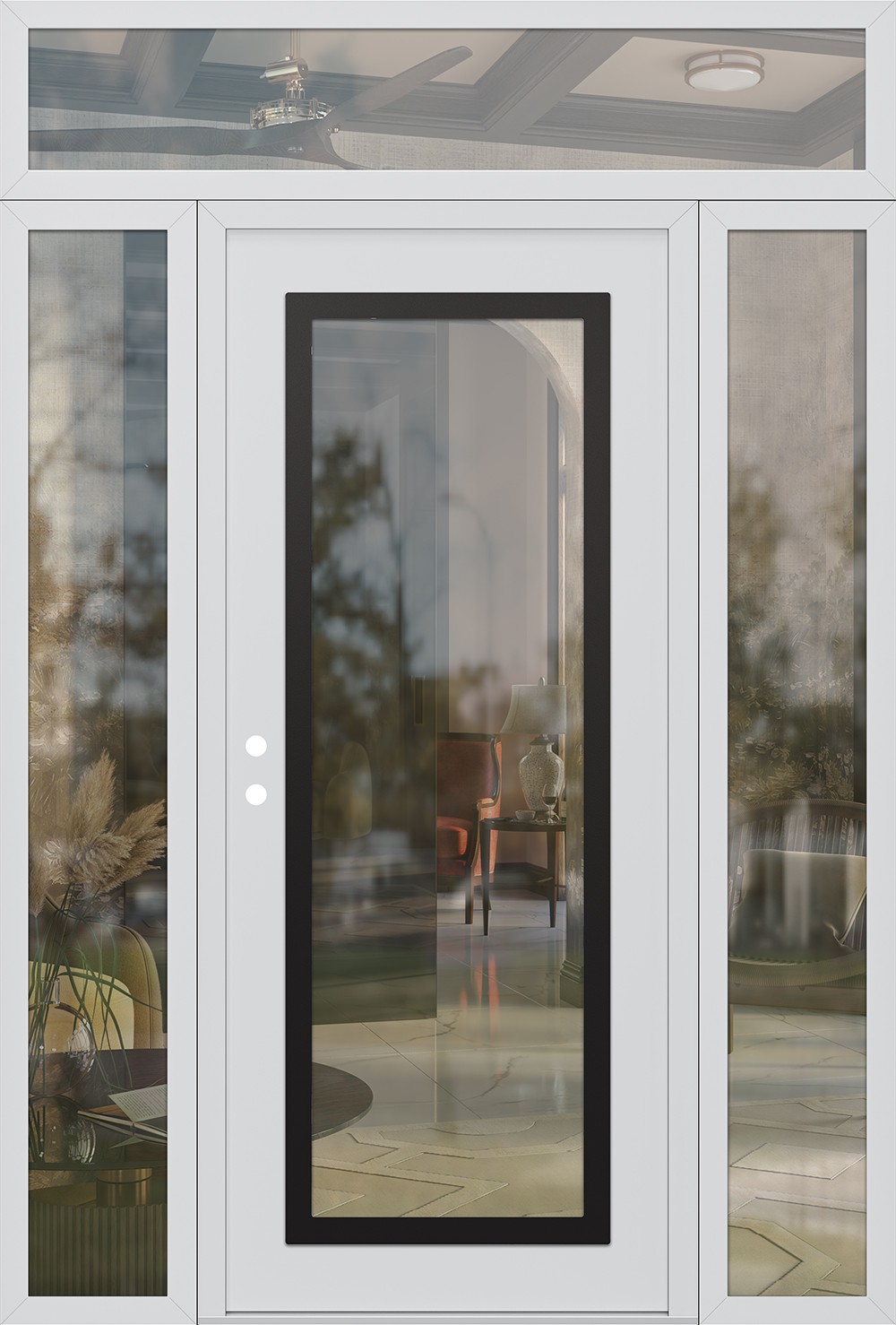 Modern Steel Front Door Diamond C1 64" x 96" white/white clear Glass Panel black RHI with 2 Sidelites and Transom clear Glass