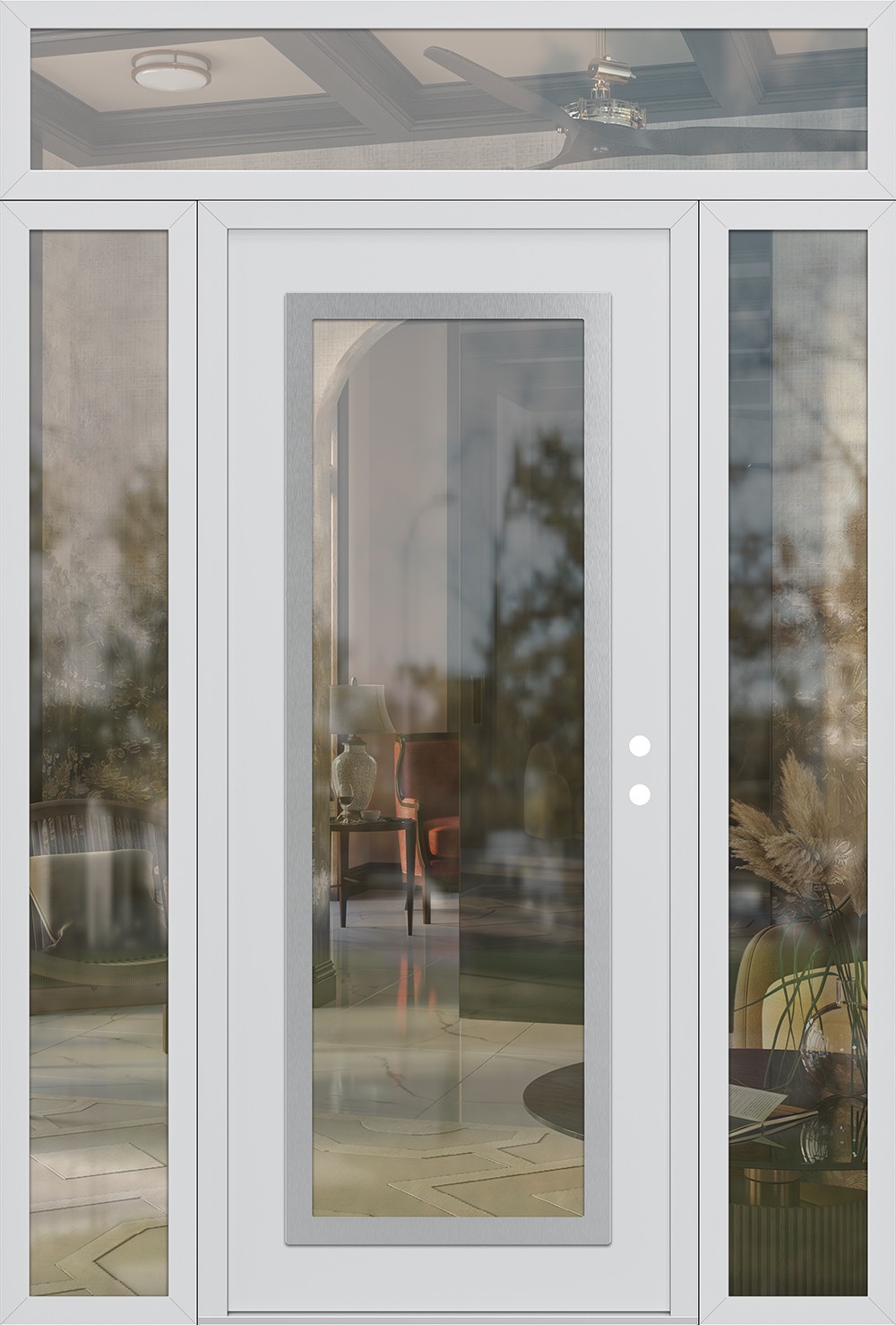 Modern Steel Front Door Diamond C1 64" x 96" white/white clear Glass Panel stainless steel LHI with 2 Sidelites and Transom clear Glass