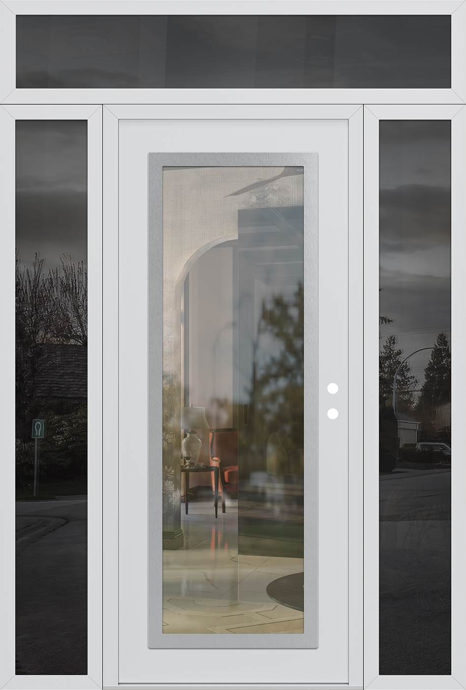 Modern Steel Front Door Diamond C1 64" x 96" white/white clear Glass Panel stainless steel LHI with 2 Sidelites and Transom mirrored Glass