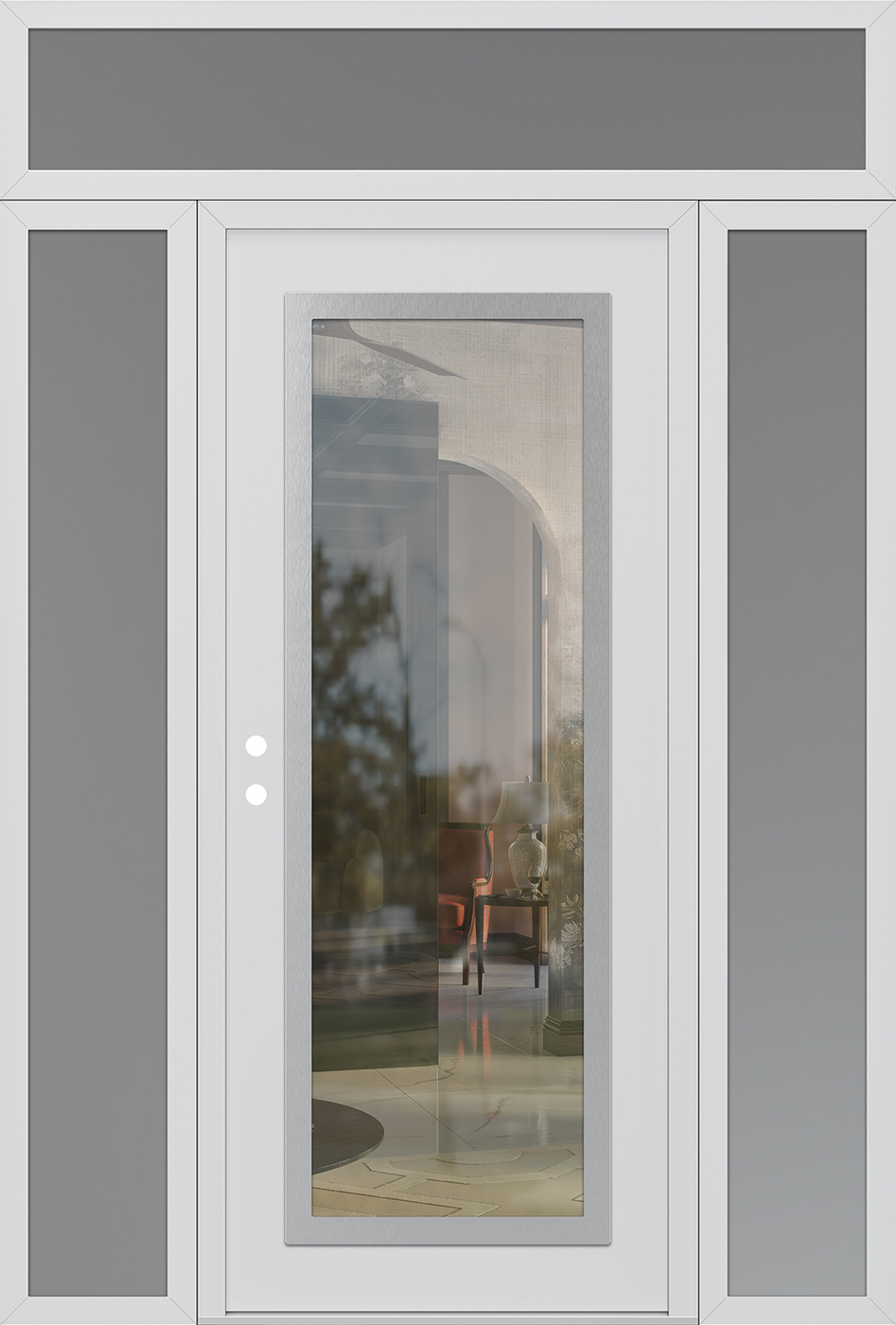 Modern Steel Front Door Diamond C1 64" x 96" white/white clear Glass Panel stainless steel RHI with 2 Sidelites and Transom frosted Glass