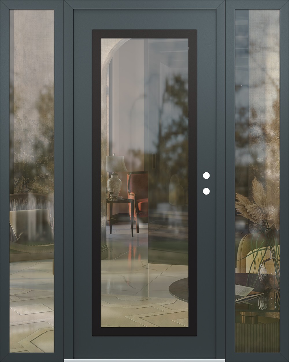 Modern Steel Front Door Diamond C1 68" x 80" anthracite/anthracite clear Glass Panel black LHI with 2 Sidelites clear Glass