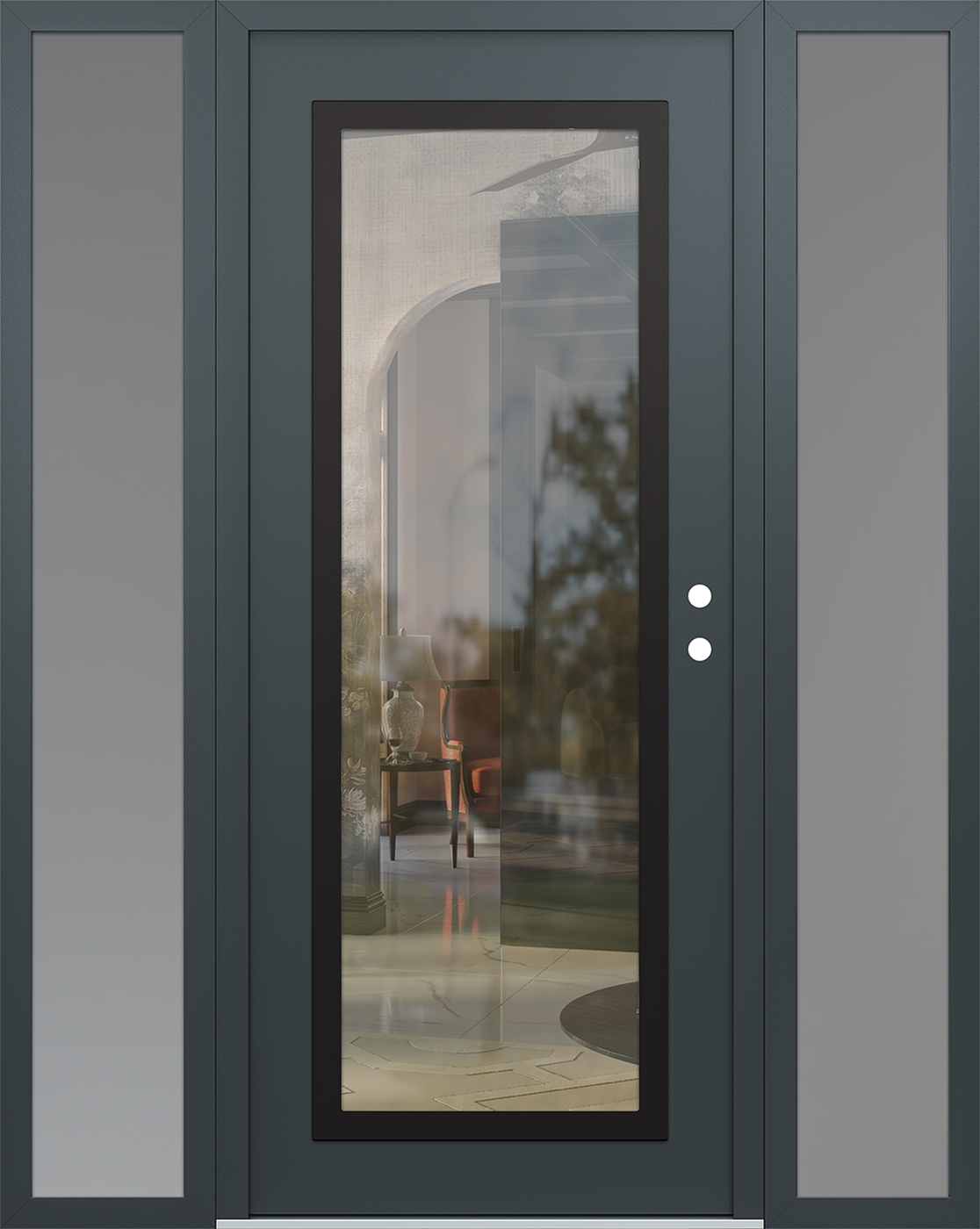 Modern Steel Front Door Diamond C1 68" x 80" anthracite/anthracite clear Glass Panel black LHI with 2 Sidelites frosted Glass