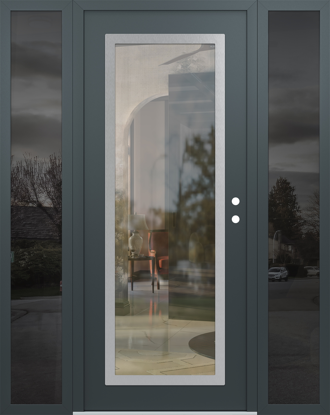 Modern Steel Front Door Diamond C1 68" x 80" anthracite/anthracite clear Glass Panel stainless steel LHI with 2 Sidelites mirrored Glass