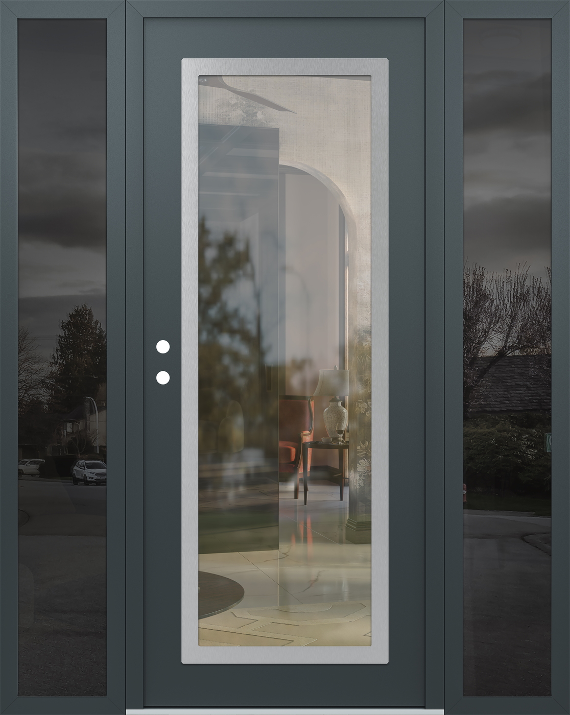 Modern Steel Front Door Diamond C1 68" x 80" anthracite/anthracite clear Glass Panel stainless steel RHI with 2 Sidelites mirrored Glass