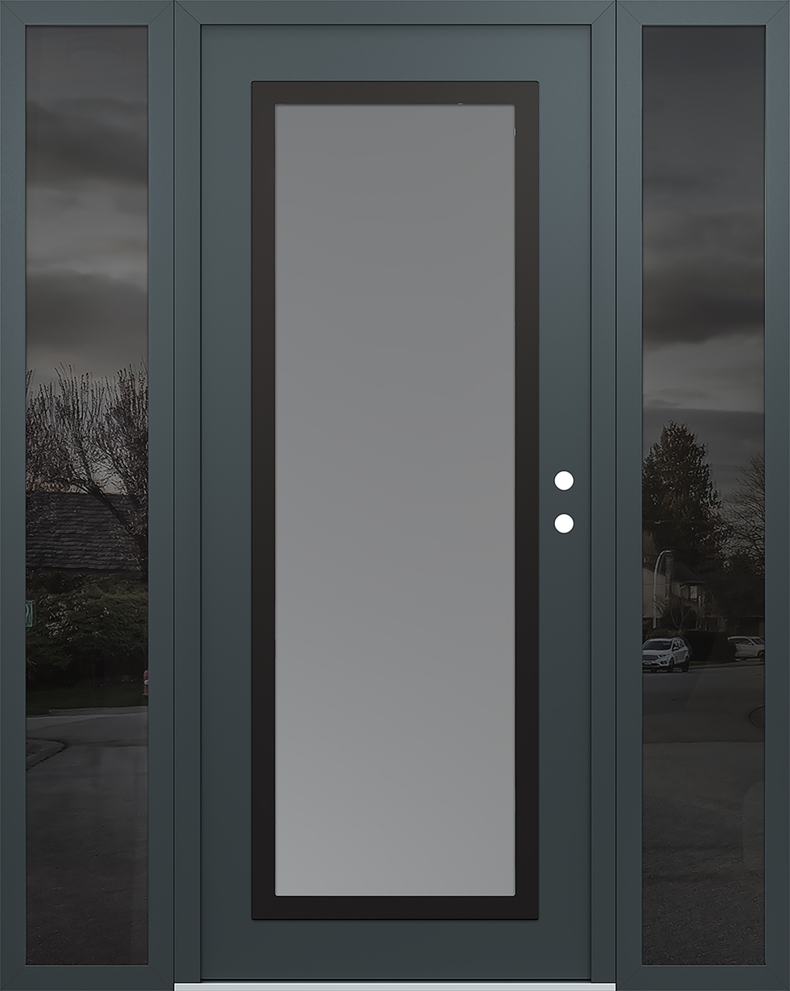 Modern Steel Front Door Diamond C1 68" x 80" anthracite/anthracite frosted Glass Panel black LHI with 2 Sidelites mirrored Glass