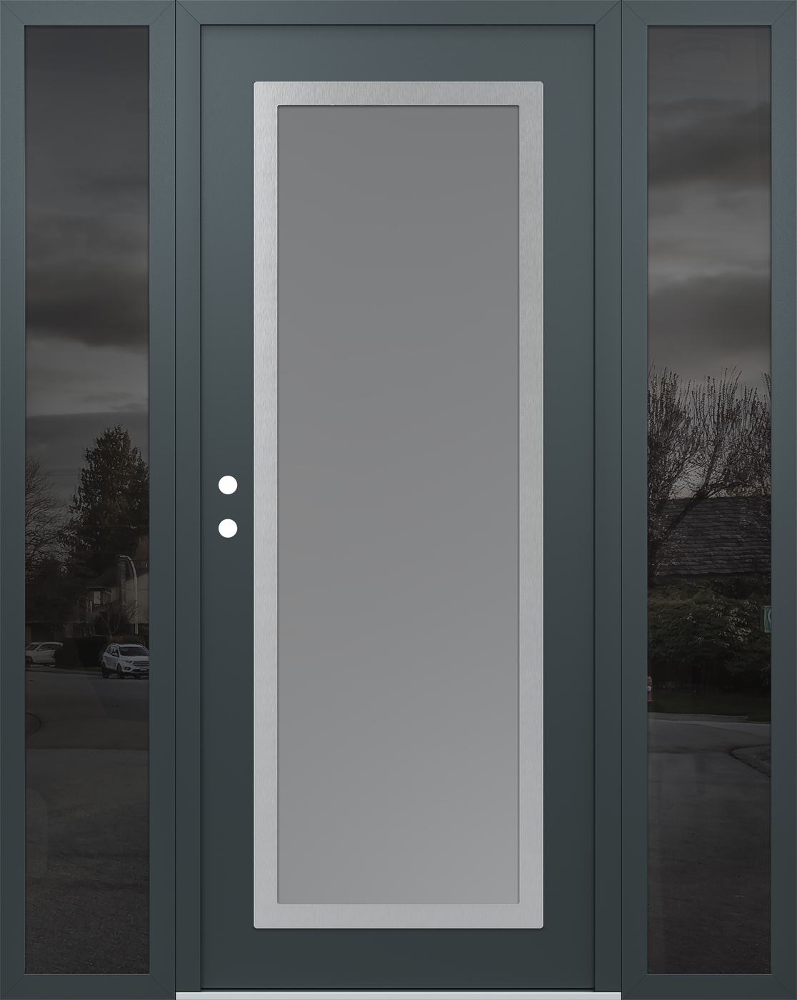 Modern Steel Front Door Diamond C1 68" x 80" anthracite/anthracite frosted Glass Panel stainless steel RHI with 2 Sidelites mirrored Glass