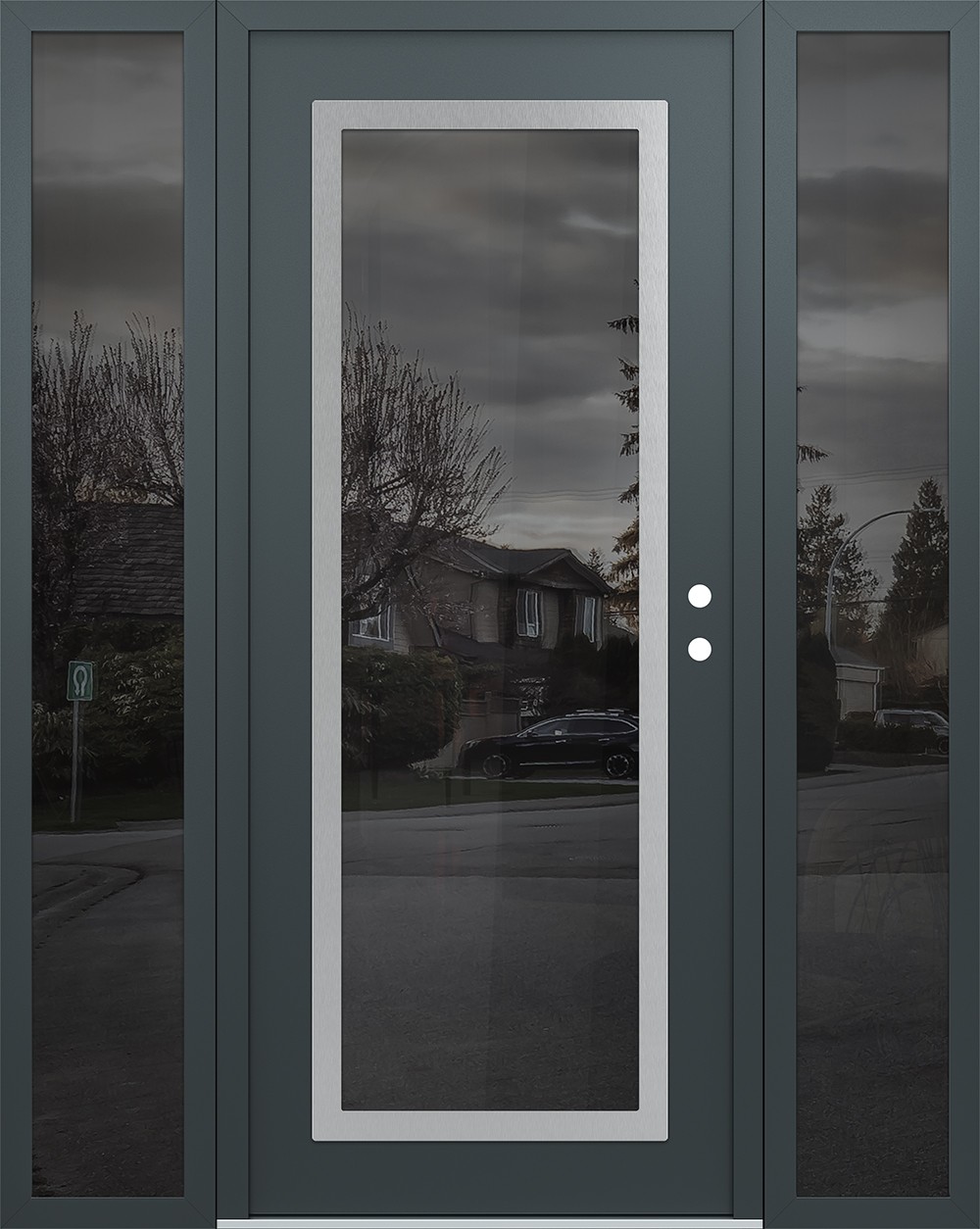 Modern Steel Front Door Diamond C1 68" x 80" anthracite/anthracite mirrored Glass Panel stainless steel LHI with 2 Sidelites mirrored Glass