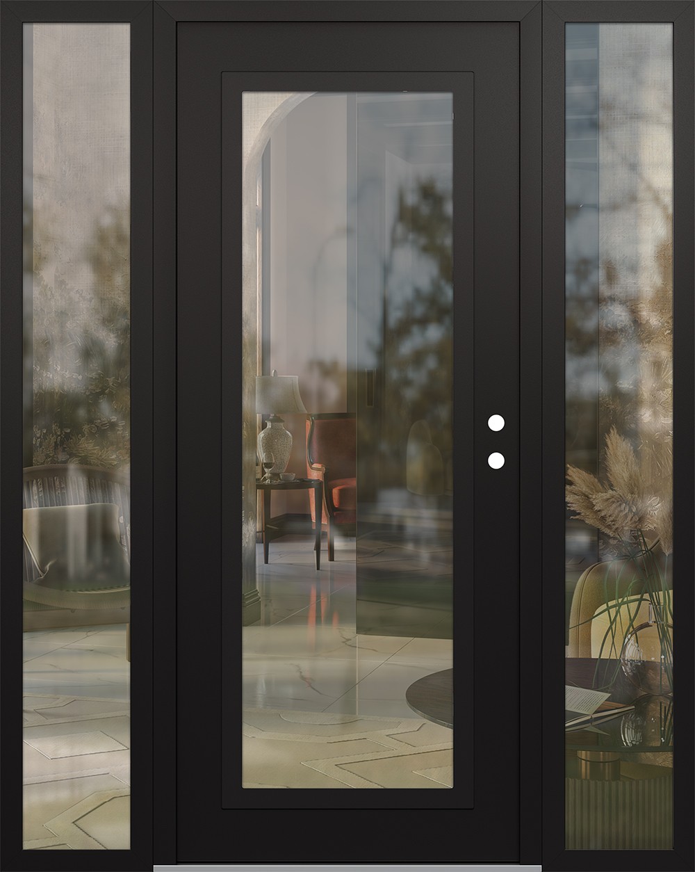 Modern Steel Front Door Diamond C1 68" x 80" black/black clear Glass Panel black LHI with 2 Sidelites clear Glass