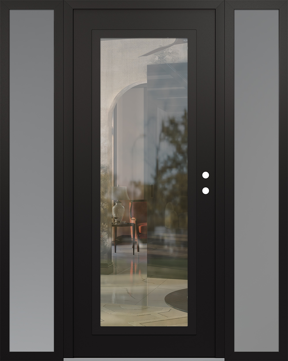 Modern Steel Front Door Diamond C1 68" x 80" black/black clear Glass Panel black LHI with 2 Sidelites frosted Glass